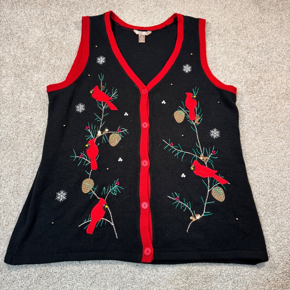 White Stag Christmas Cardigan Vest Womens XL Black Red Cardinal Embroidered Knit